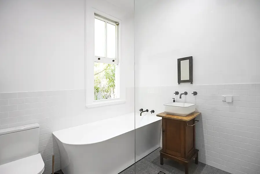 Port Albany Character Home Bathroom Reno - Vanity and Mirror Through Shower Screen copy